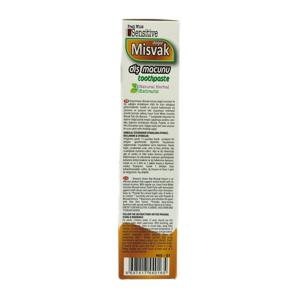 Fresh White Sensitive Misvak Özlü Doğal Diş Macunu 75ml X 12 Adet